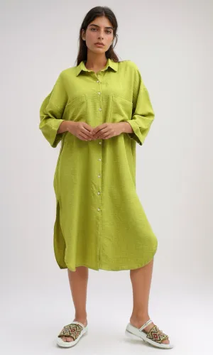 O191180 Textured Shirt Dress With Side Pockets - Light Green