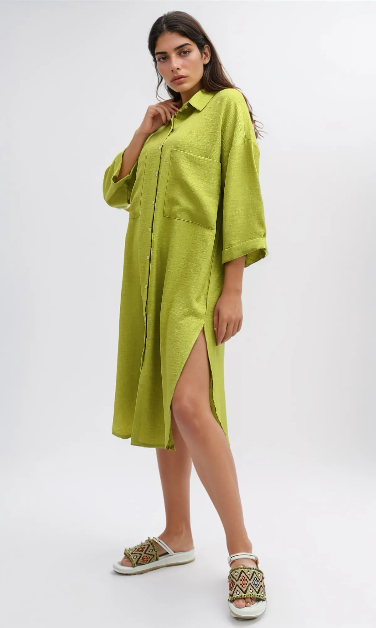 O191180 Textured Shirt Dress With Side Pockets - Light Green
