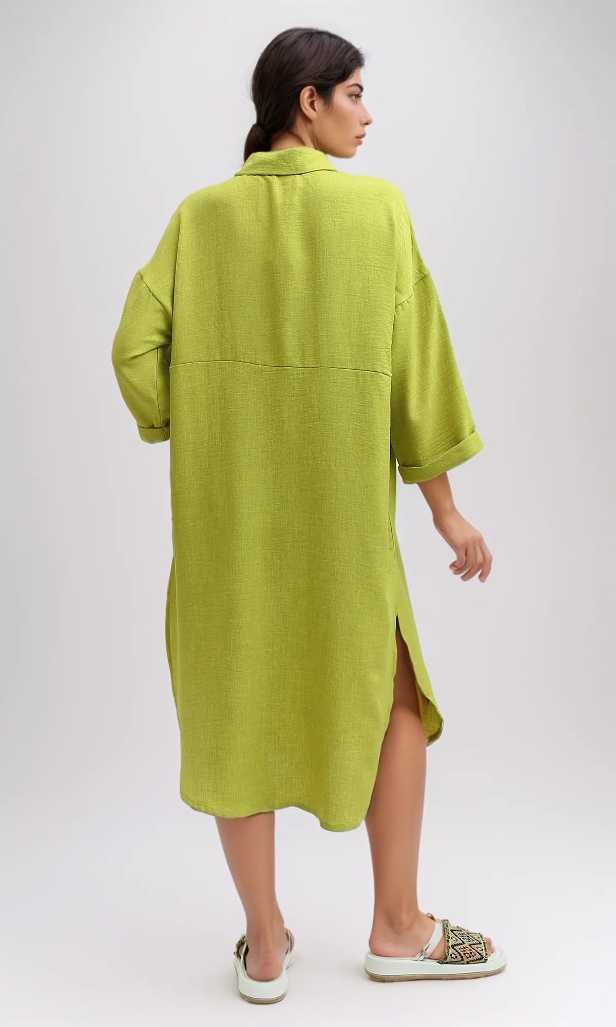 O191180 Textured Shirt Dress With Side Pockets - Light Green