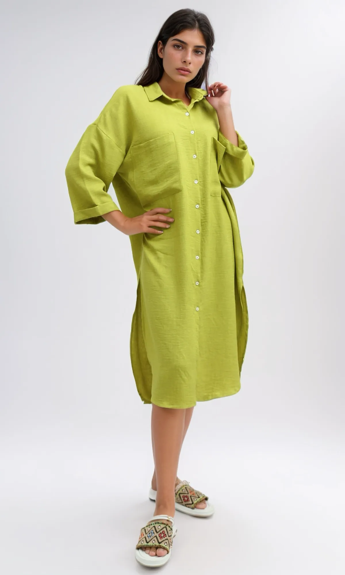 O191180 Textured Shirt Dress With Side Pockets - Light Green