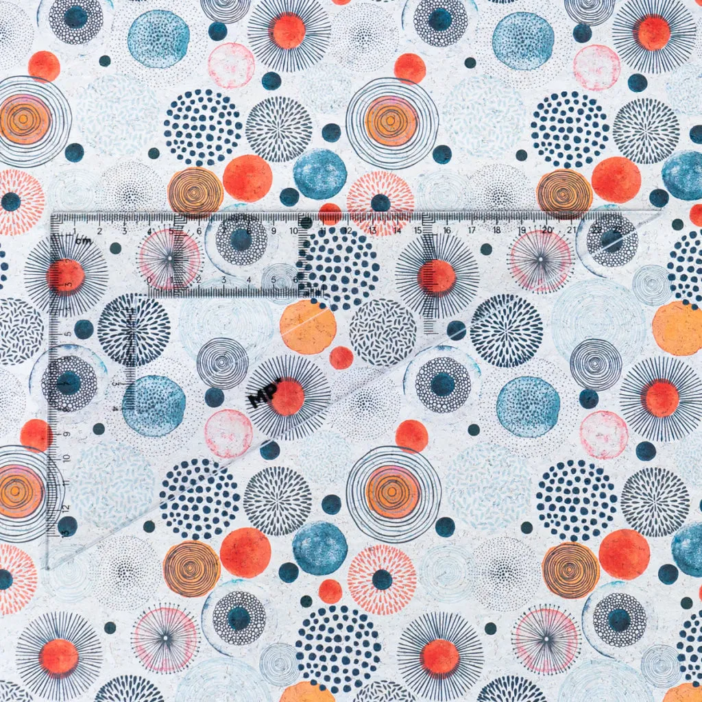 Vibrant Printed Cork Fabric with Artistic Circular Motif Design COF-568