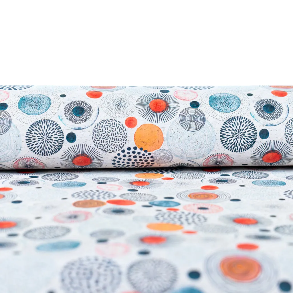 Vibrant Printed Cork Fabric with Artistic Circular Motif Design COF-568