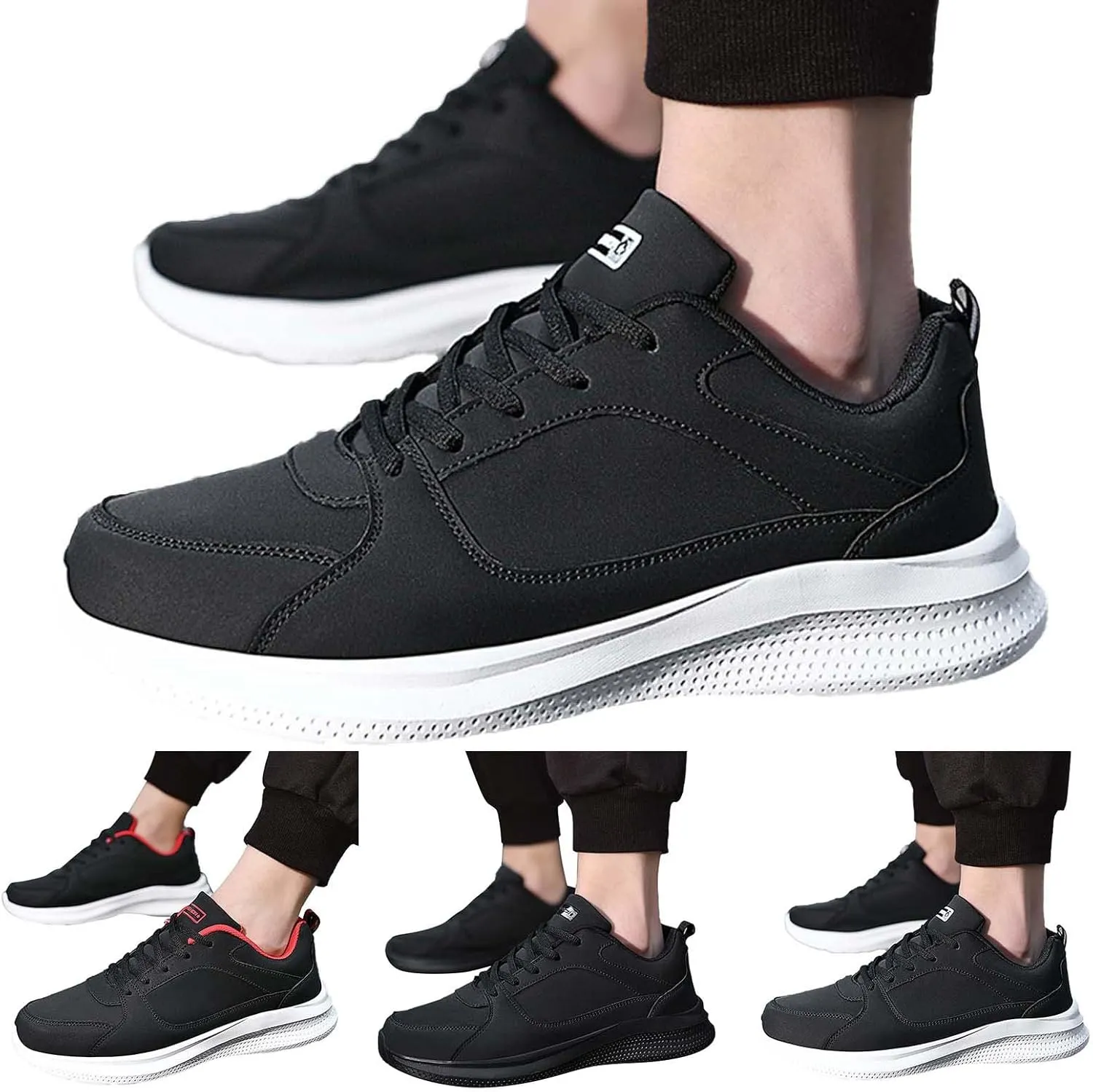 Workout Athletic Sport Shoes for Men Leather Solid Lace Up Shoes Non Slip Running Sneaker Jogging Shoes for Men